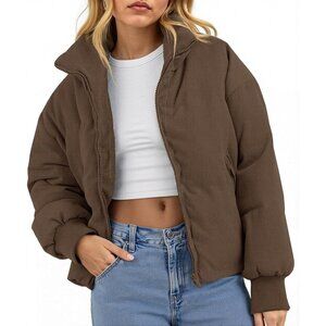 Women's Winter Fashion Brown Corduroy Quilted Puffer Jackets Cropped Zip Up Coat